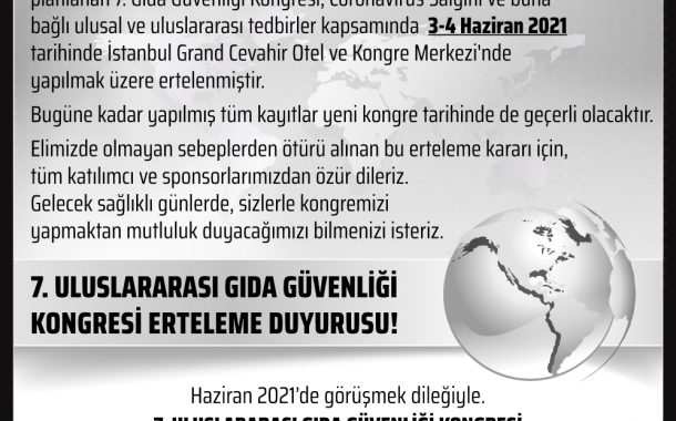 7. Uluslararası Gıda Güvenliği Kongresi Erteleme Duyurusu!