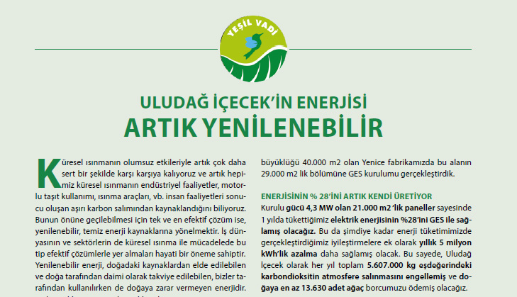 ULUDAĞ İÇECEK’İN ENERJİSİ ARTIK YENİLENEBİLİR