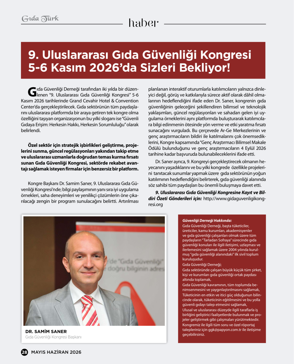 9. Uluslararası Gıda Güvenliği Kongresi 5-6 Kasım 2026'da Sizleri Bekliyor